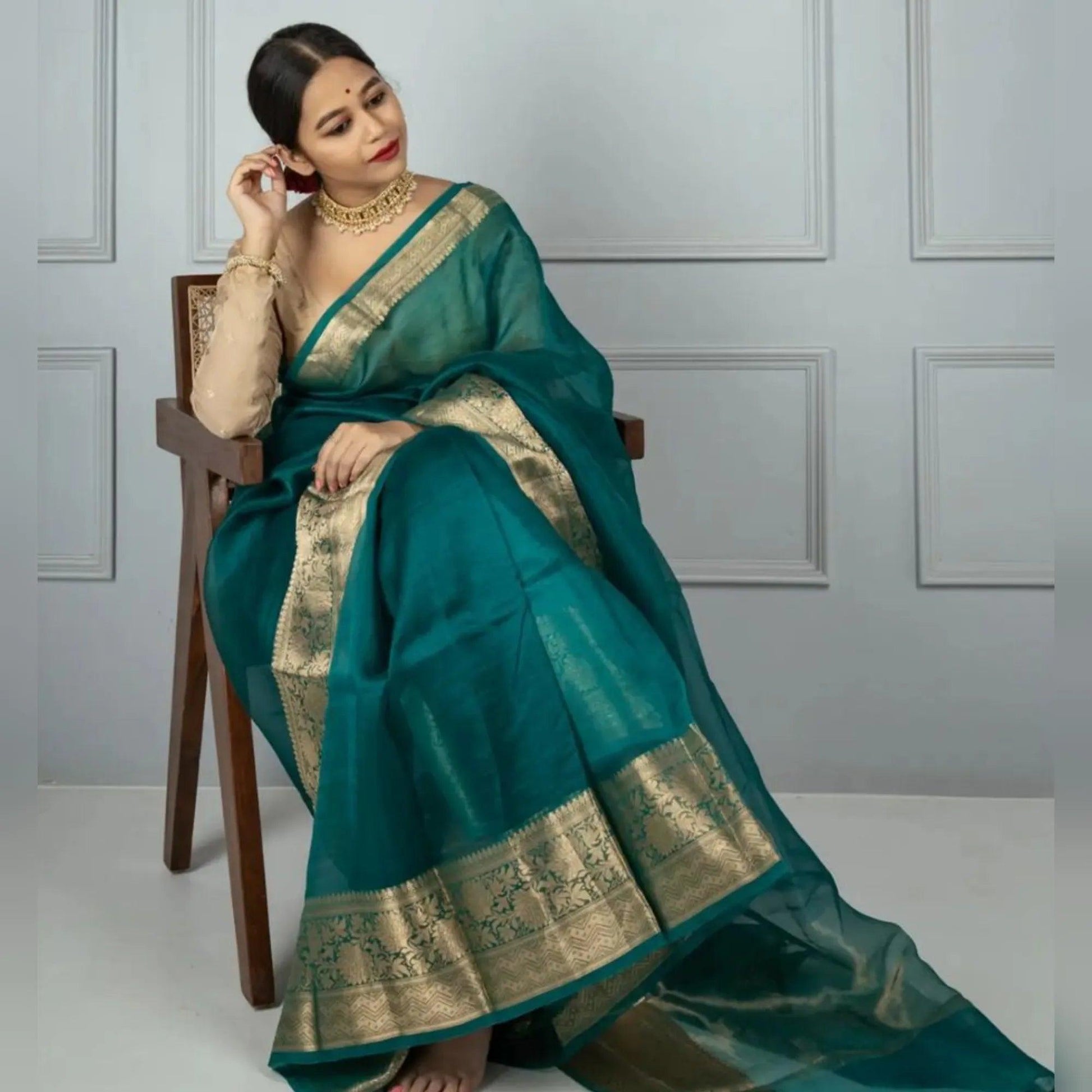 Banarasi Organza saree in Rama, adorable festive wear - Ibis Fab