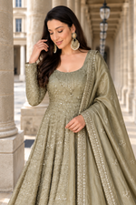 Grey Embroidered Anarkali Gown Set