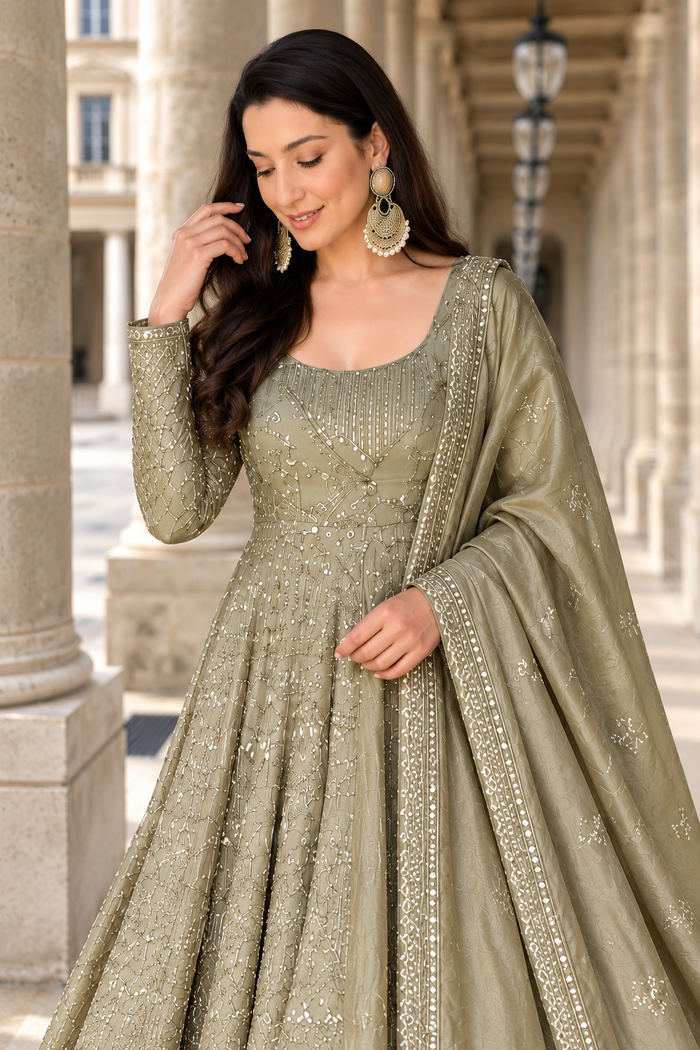 Grey Embroidered Anarkali Gown Set