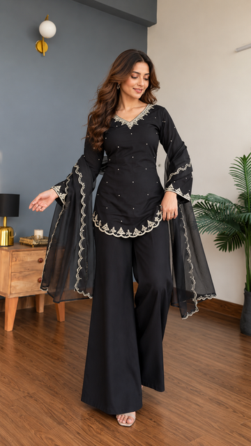 Black Silk Crepe Embroidered Palazzo Set