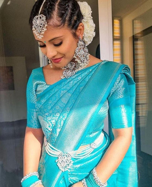 Beautiful Classy Look Bridal Sky Color Designer jacquard Silk Saree for Wedding and festivals - Ibis Fab