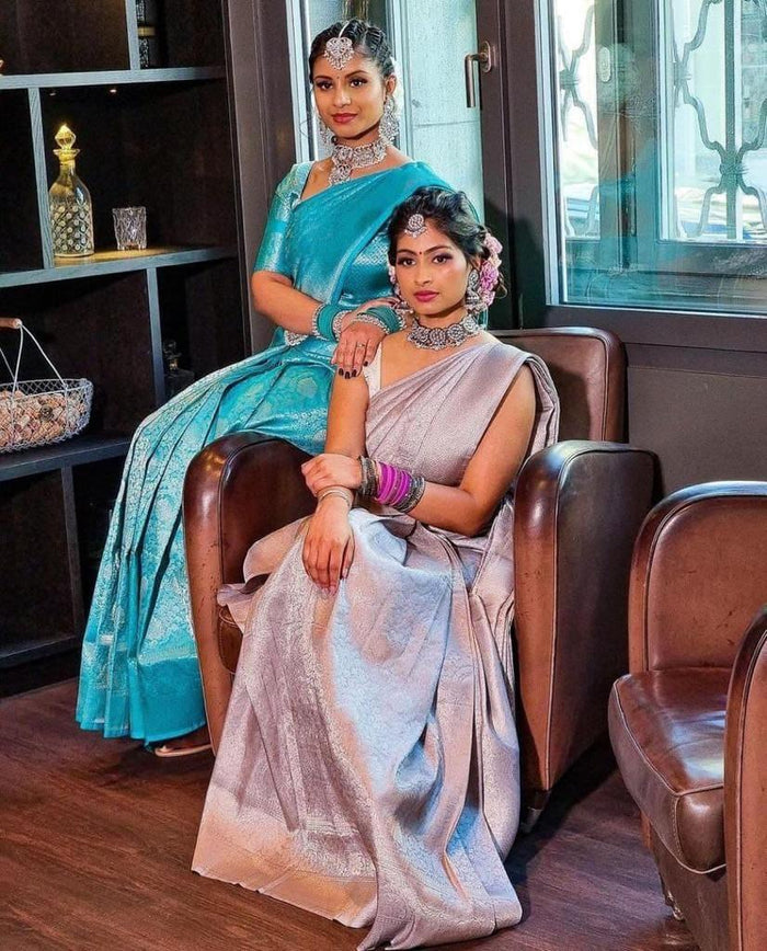 Beautiful Classy Look Bridal Sky Color Designer  jacquard Silk Saree for Wedding and festivals