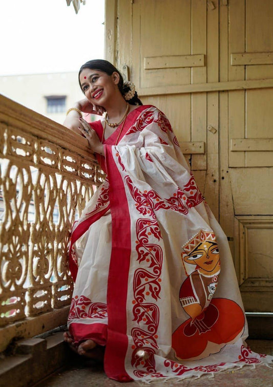 Beautiful Durga Puja White & Red Color Indian Saree - Ibis Fab