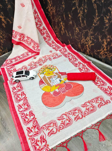 Beautiful Durga Puja White & Red Color Indian Saree