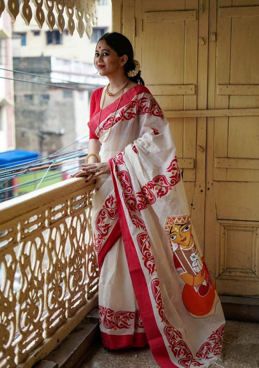 Beautiful Durga Puja White & Red Color Indian Saree - Ibis Fab