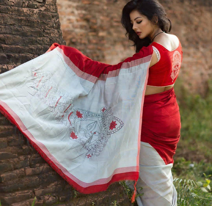 Beautiful Durga Puja White & Red Color Indian Saree
