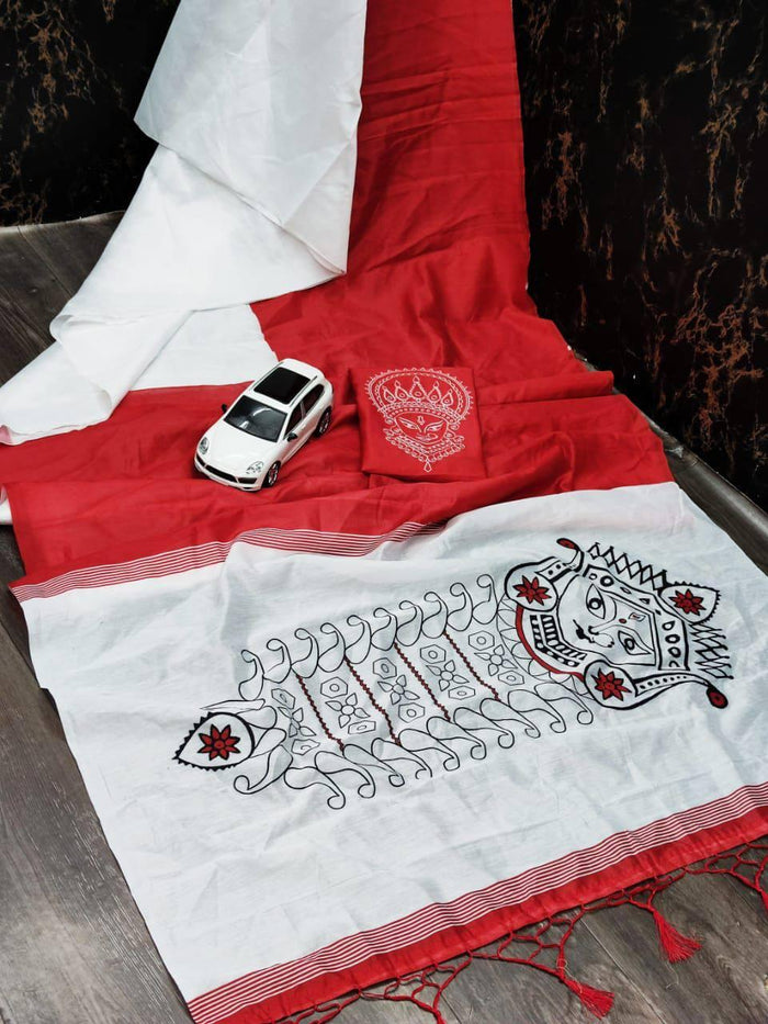 Beautiful Durga Puja White & Red Color Indian Saree