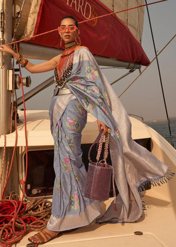 Beautiful Gray Colored Printed Pure Soft Silk Saree