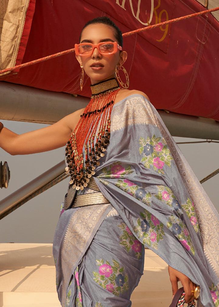 Beautiful Gray Colored Printed Pure Soft Silk Saree - Ibis Fab