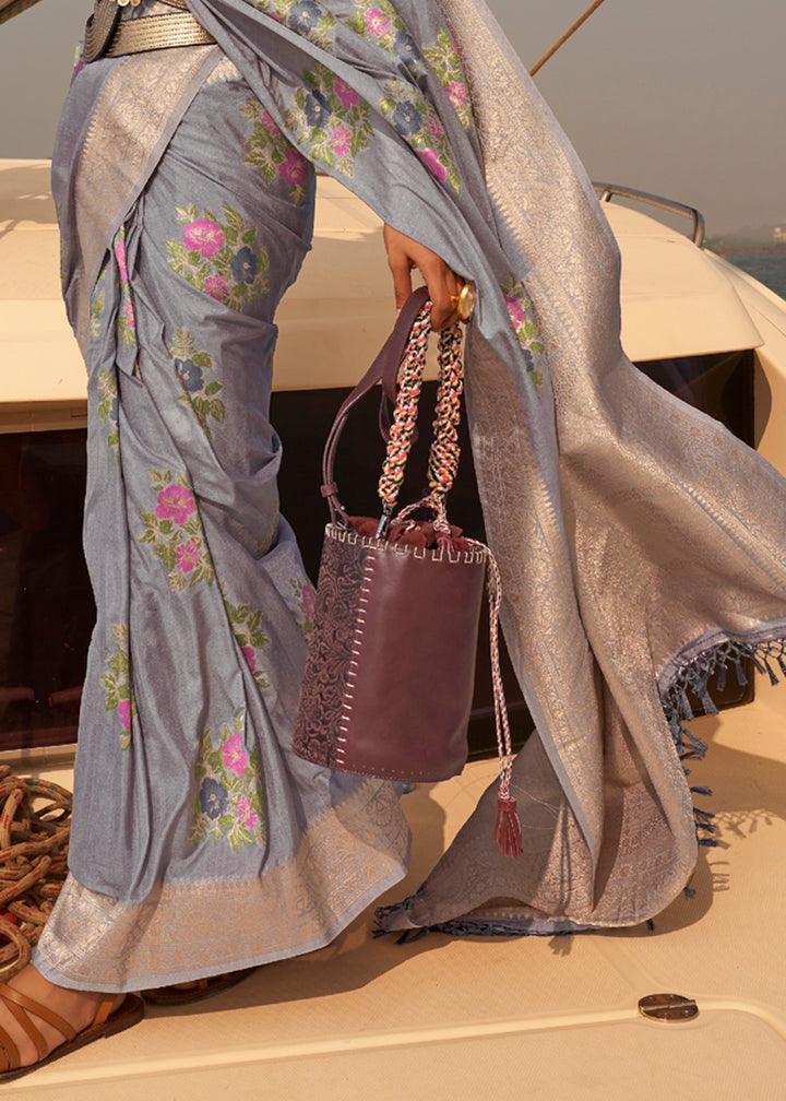 Beautiful Gray Colored Printed Pure Soft Silk Saree - Ibis Fab