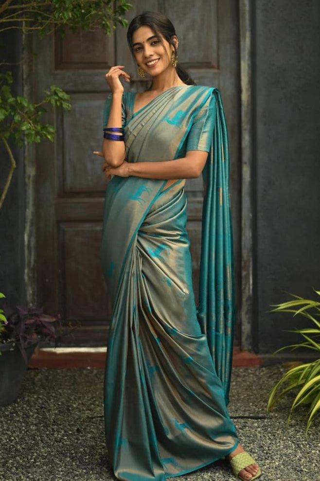 Beautiful Sky Blue Jacquard Work Silk Saree - Ibis Fab