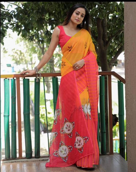 Beautiful Yellow And Red Digital printed saree - Ibis Fab
