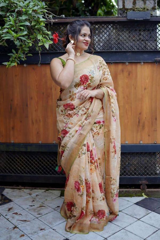 Beige Linen Casual Wear Digital Printed Saree - Ibis Fab