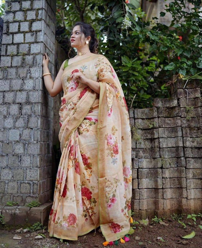Beige Linen Casual Wear Digital Printed Saree
