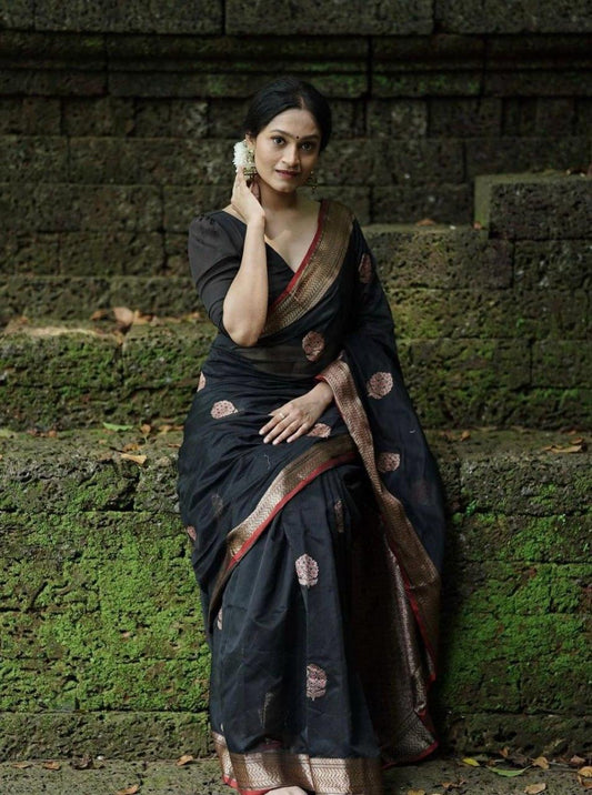 Black Banarasi Silk Saree, Wedding Wear - Ibis Fab