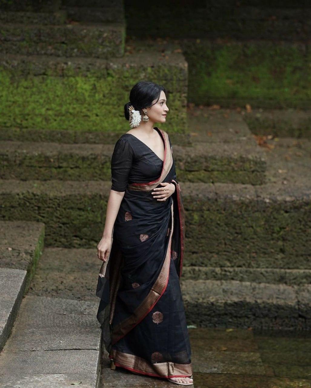 Black Banarasi Silk Saree, Wedding Wear - Ibis Fab