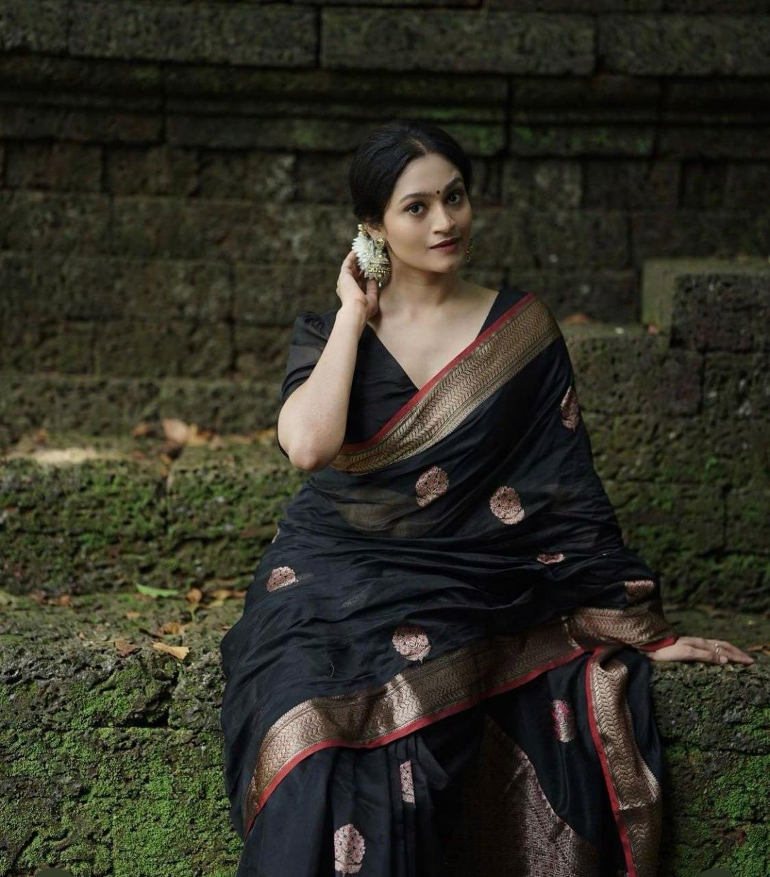 Black Banarasi Silk Saree, Wedding Wear - Ibis Fab