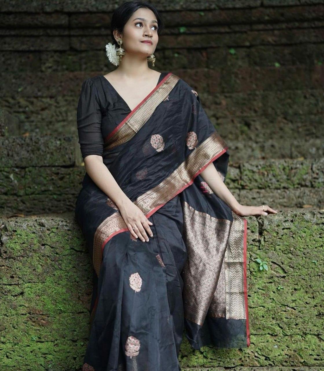 Black Banarasi Silk Saree, Wedding Wear - Ibis Fab