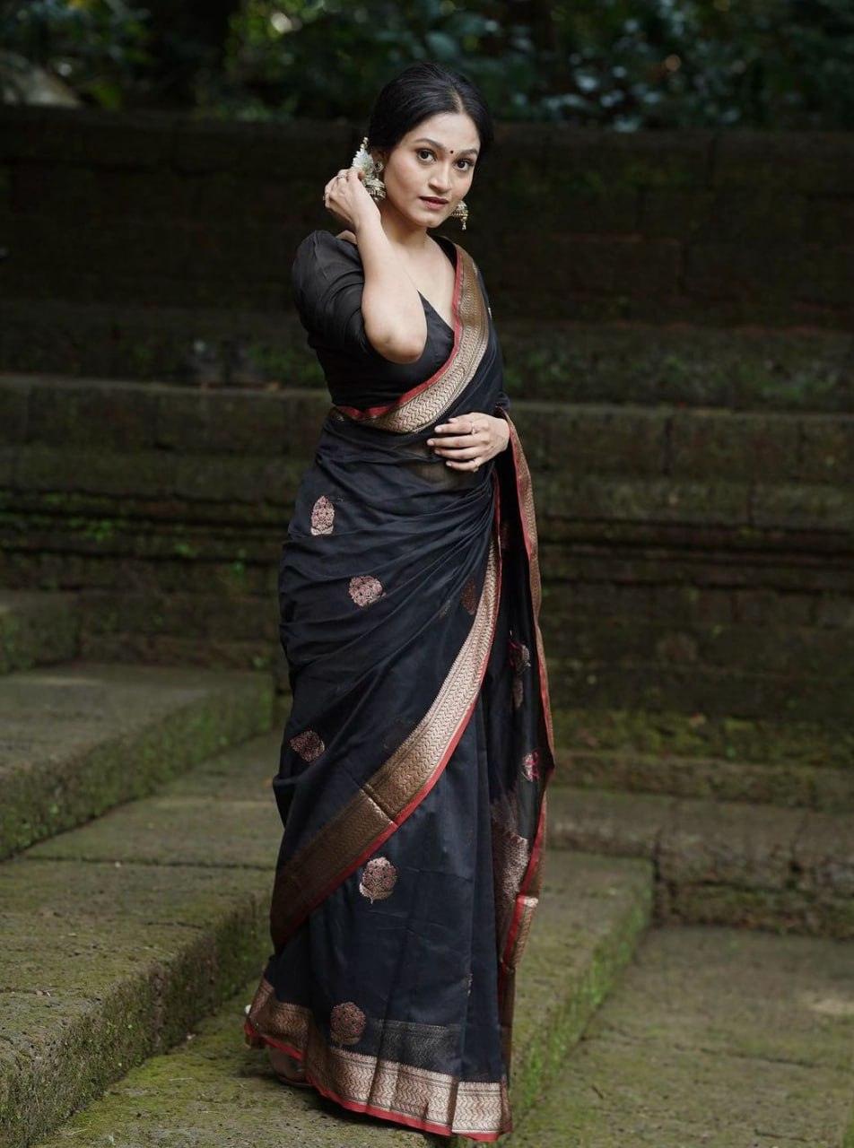 Black Banarasi Silk Saree, Wedding Wear - Ibis Fab