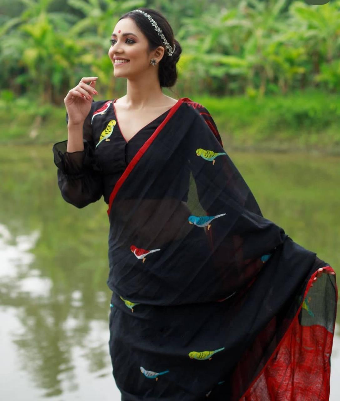 Black Bird Plain Linen Saree - Ibis Fab