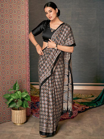 Black Colored Digital Printed Silk Saree