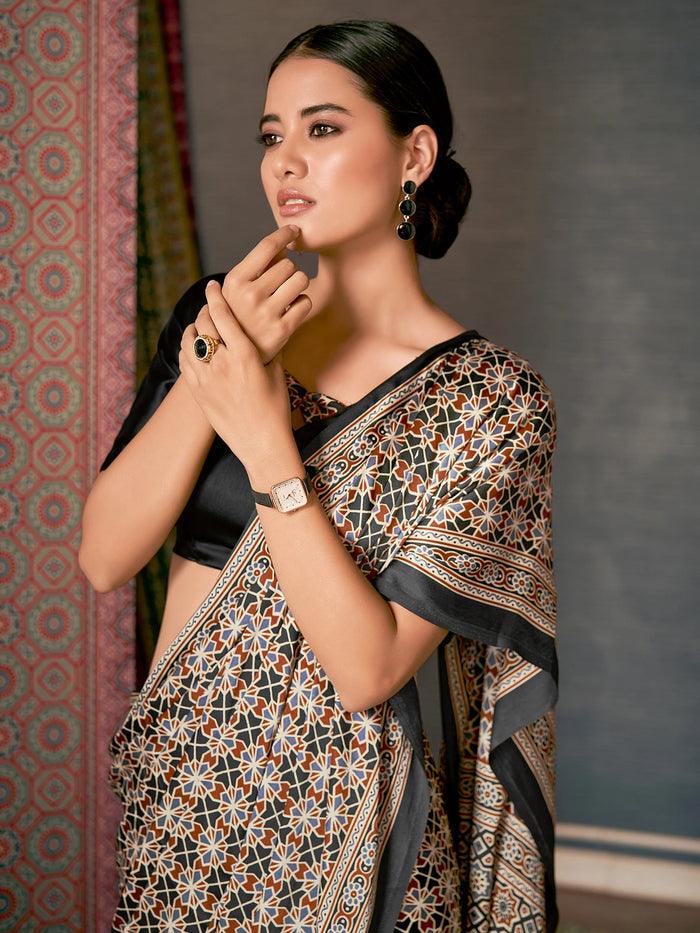 Black Colored Digital Printed Silk Saree