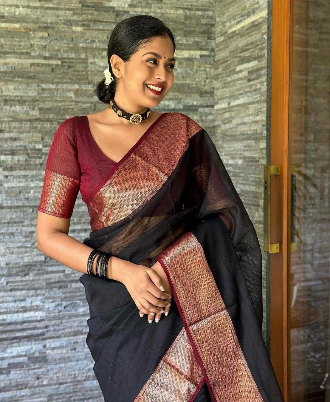 Black Soft Silk Saree With Lagniappe Blouse Piece - Ibis Fab