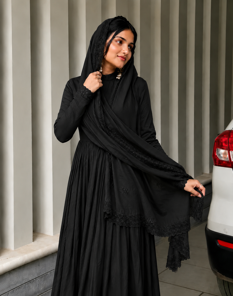 Elegant Black Cotton Anarkali Suit Set