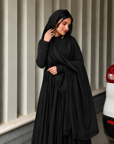 Elegant Black Cotton Anarkali Suit Set
