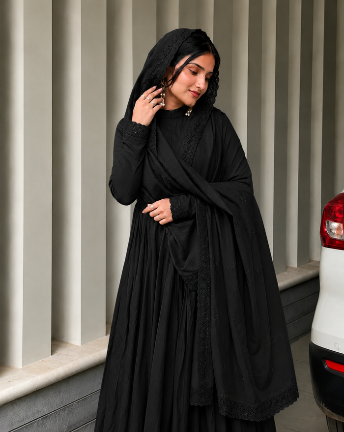 Elegant Black Cotton Anarkali Suit Set