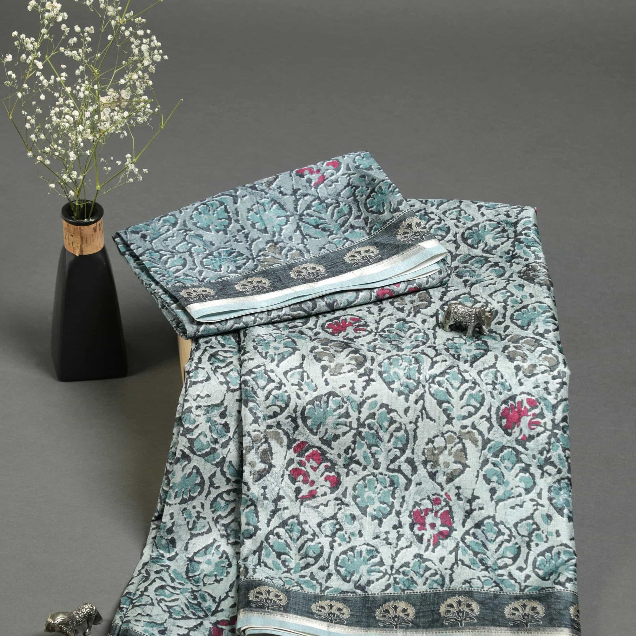 Blissful Sky Blue Colored Cotton Linen Designer Printed Saree - Ibis Fab