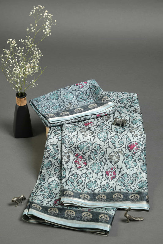 Blissful Sky Blue Colored Cotton Linen Designer Printed Saree - Ibis Fab