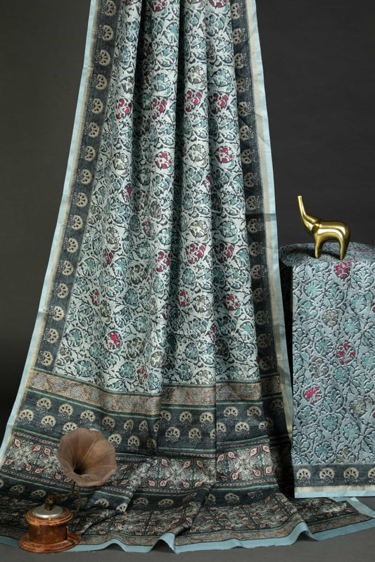 Blissful Sky Blue Colored Cotton Linen Designer Printed Saree - Ibis Fab