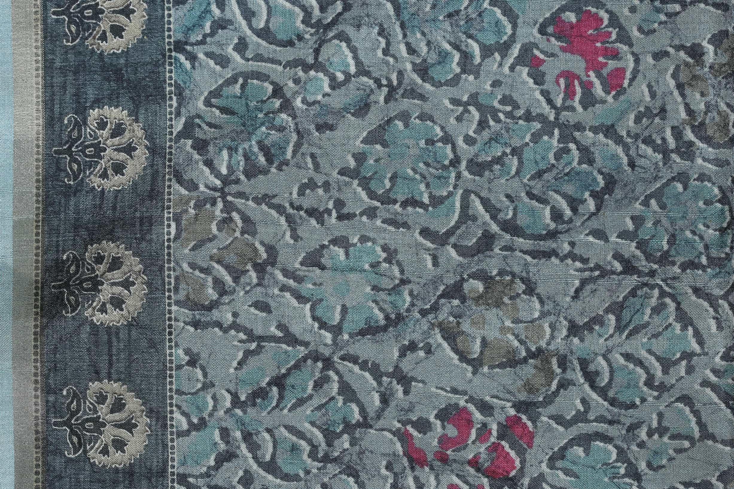 Blissful Sky Blue Colored Cotton Linen Designer Printed Saree - Ibis Fab