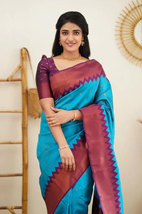 Blue Jacquard Work Soft Lichi Silk Saree - Ibis Fab