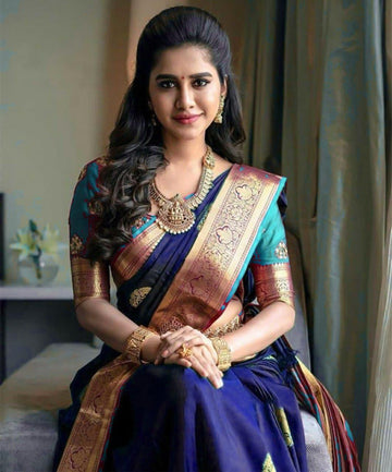 Blue soft silk saree with a classy blouse piece