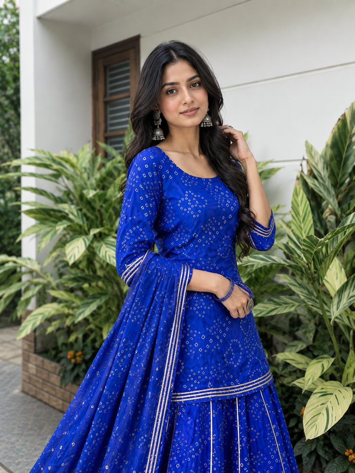 Royal Blue Bandhani Sharara Suit Set