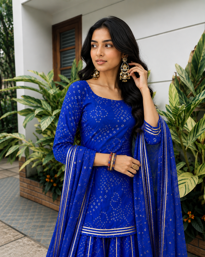 Royal Blue Bandhani Sharara Suit Set