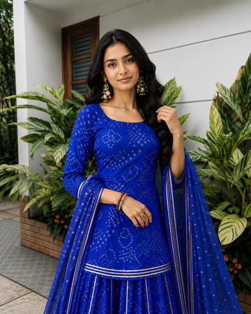 Royal Blue Bandhani Sharara Suit Set