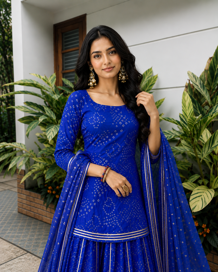 Royal Blue Bandhani Sharara Suit Set