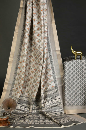 Breathtaking Gray Colored Cotton Linen Designer Printed Saree - Ibis Fab