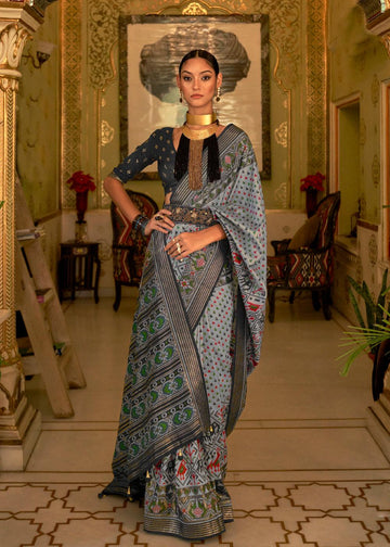 Breathtaking Gray Colored Printed Pure Soft Silk Saree