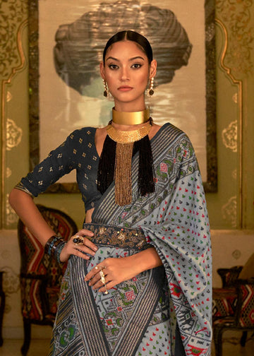 Breathtaking Gray Colored Printed Pure Soft Silk Saree