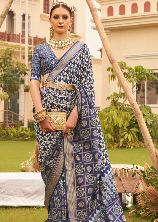 Breathtaking Navy Blue And White Colored Printed Pure Soft Silk Saree - Ibis Fab