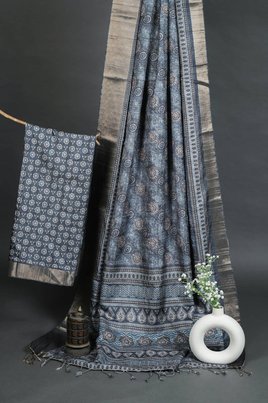 Breathtaking Navy Blue Colored Cotton Linen Designer Printed Saree - Ibis Fab