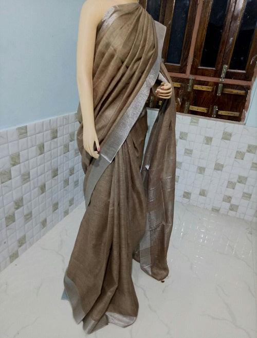 Brown Colour Women's Plain Linen Saree With Party Wear - Ibis Fab