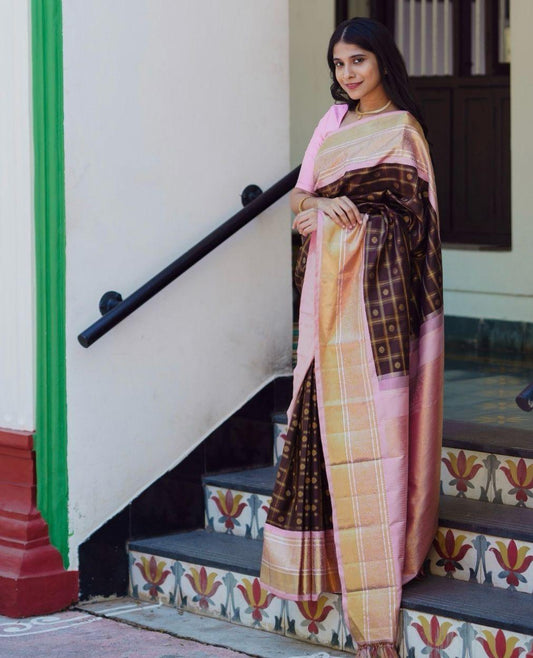 Brown Soft Silk Saree With Jubilant Blouse Piece - Ibis Fab