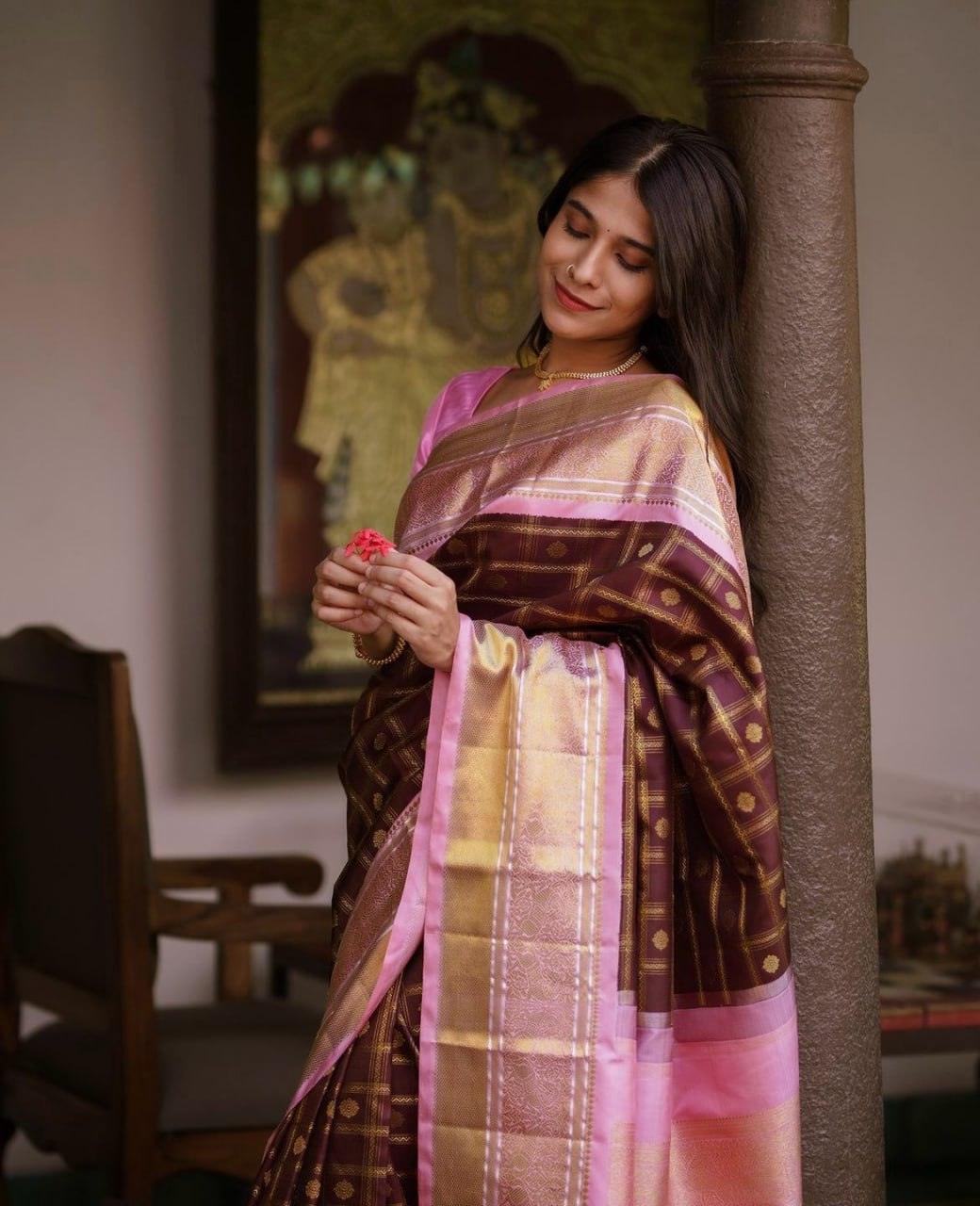 Brown Soft Silk Saree With Jubilant Blouse Piece - Ibis Fab