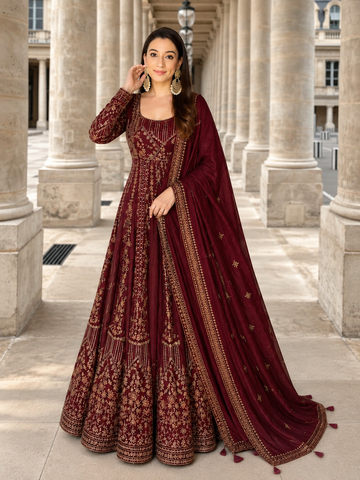 Maroon Embroidered Anarkali Suit Set for Women