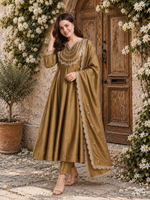 Gold Embroidered Vichitra Silk Anarkali  Suit Set